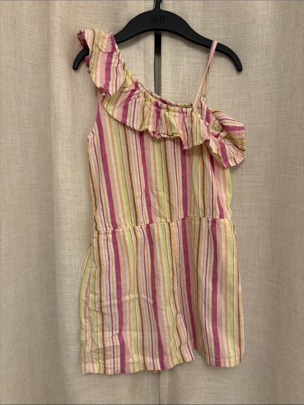 Old Navy Pink, Yellow & Cream Striped One-Shoulder Romper